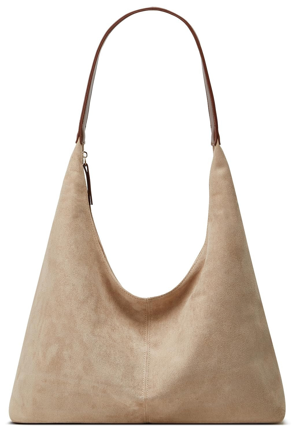 Trendy Suede Crescent Tote Bag w/ Crossbody Purse - Beige White