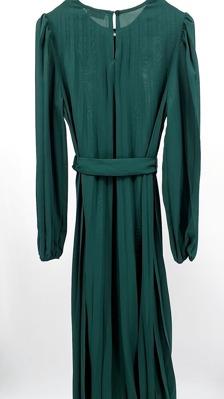 Pleated Round Neck Long Sleeve Dress