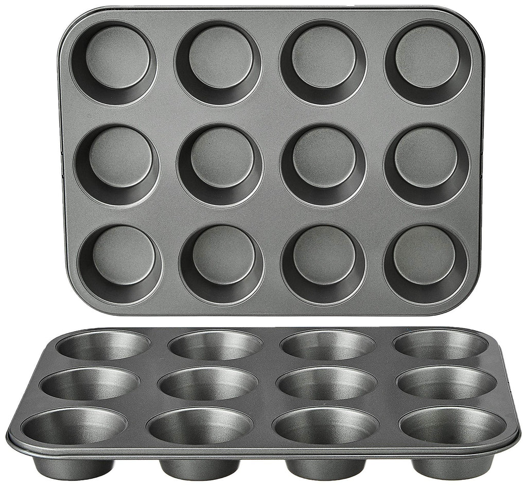 Set of 2 Nonstick Muffin Baking Pans, 12 Cups, Gray, 13.9x10.55 in