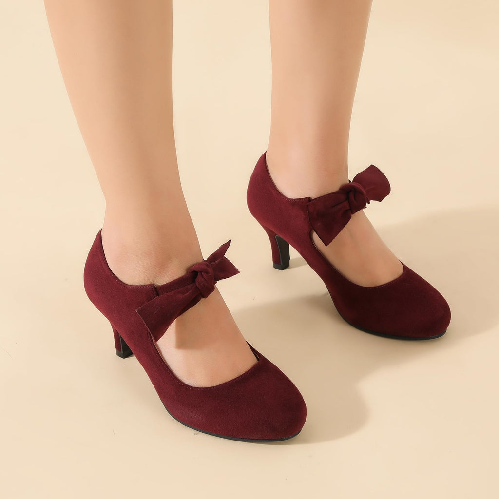 Cute Low Heel Mary Jane Pumps w/ Bow Size 8.5 Burgundy Suede