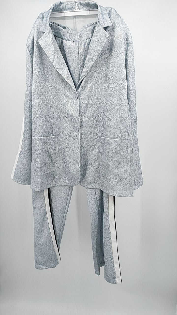 Full Size Contrast Lapel Collar Top and Pants Set