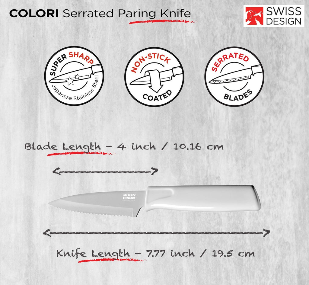 Serrated Paring Knife 4in w/ Safety Sheath, Kuhn Rikon COLORI, White