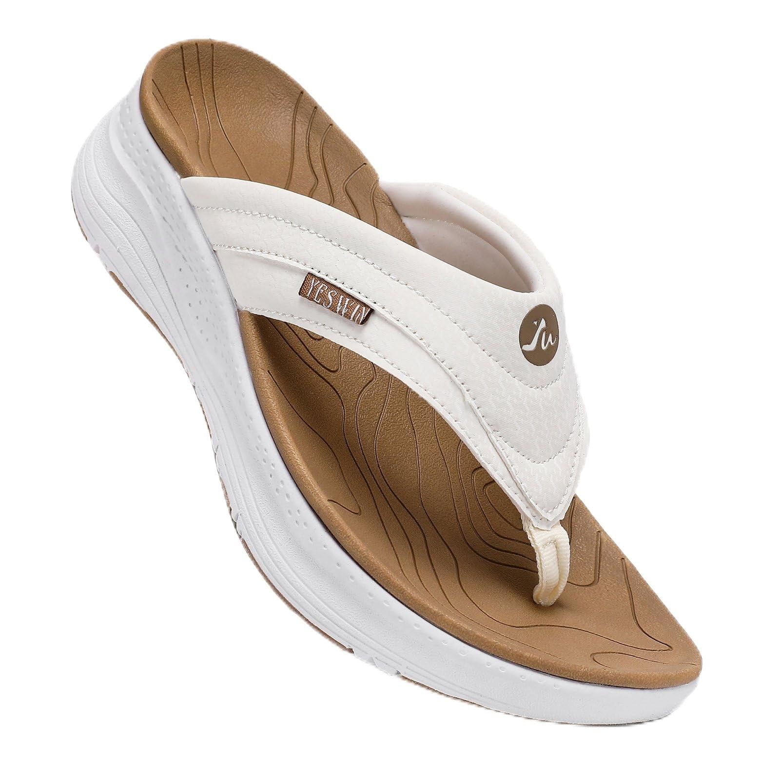 Women's Comfortable Platform Flip Flops, Arch Support, White Khaki, Size 6
