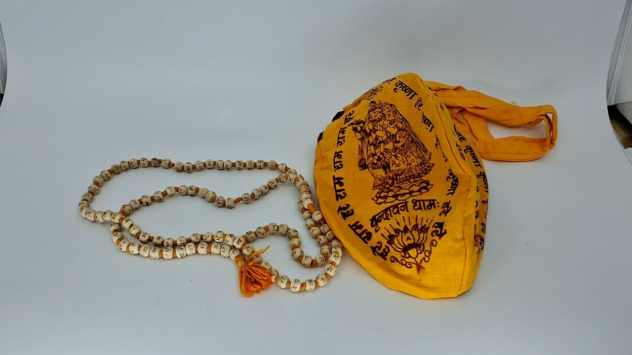 Hare Rama Tulsi Japa Mala 108 Beads Orange Knotted Wood Necklace