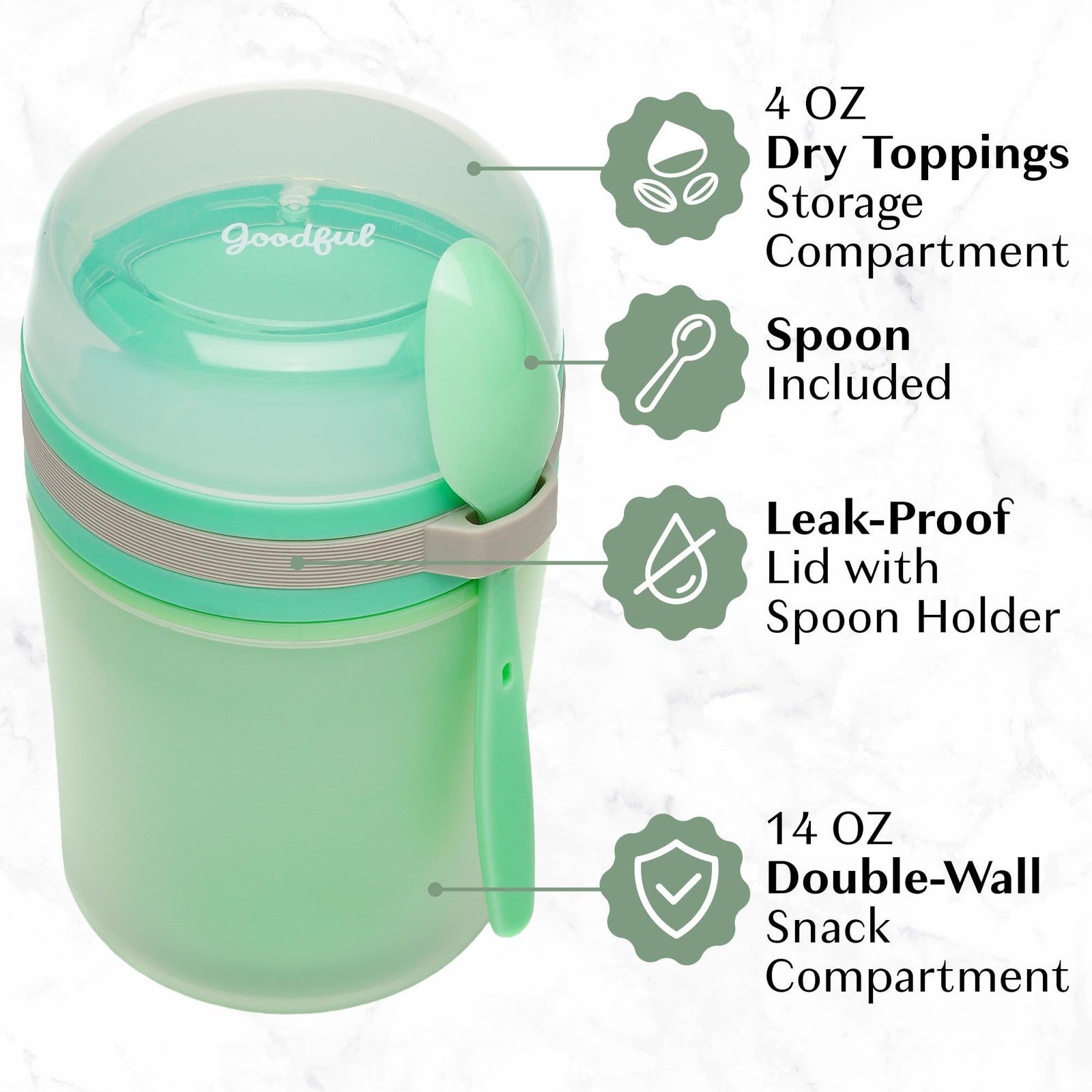 Goodful 14-Oz Insulated Yogurt Container w/ Spoon, Green, Leak Proof