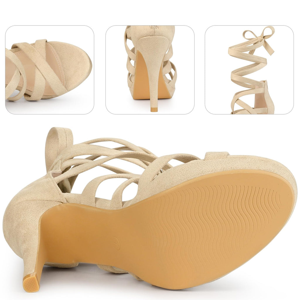 Perphy Strappy Platform Lace Up Stiletto Heels Beige Sandals for Women 8.5 M US