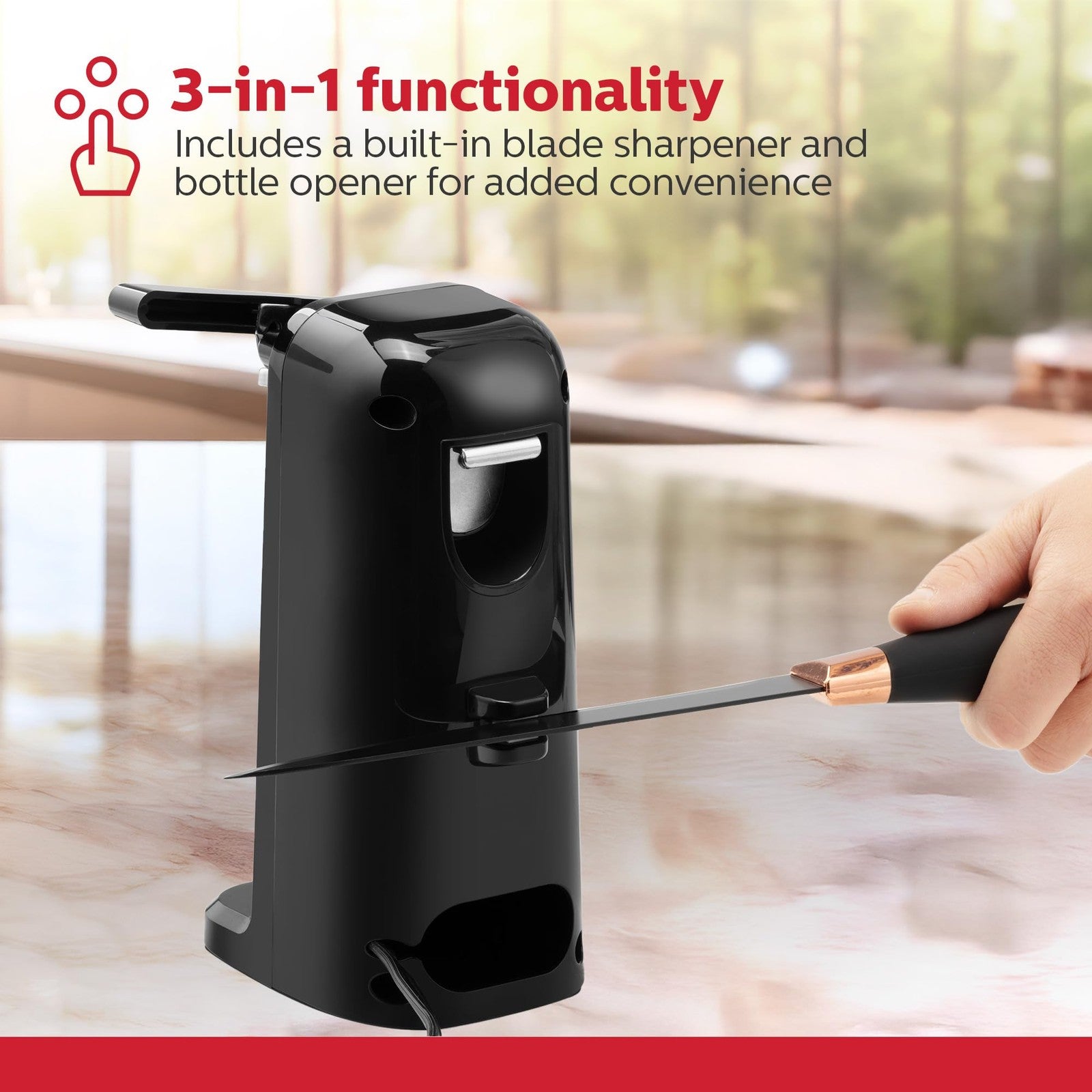 Black Electric Can Opener, Auto Shutoff, Easy Push Down Operation