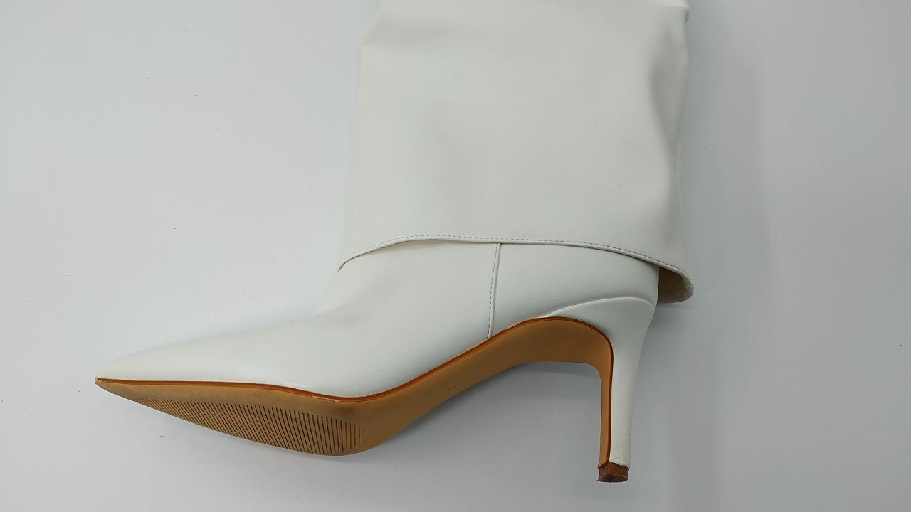 Women's White Fold Over Knee High Boots, Stiletto Heel, Size 8