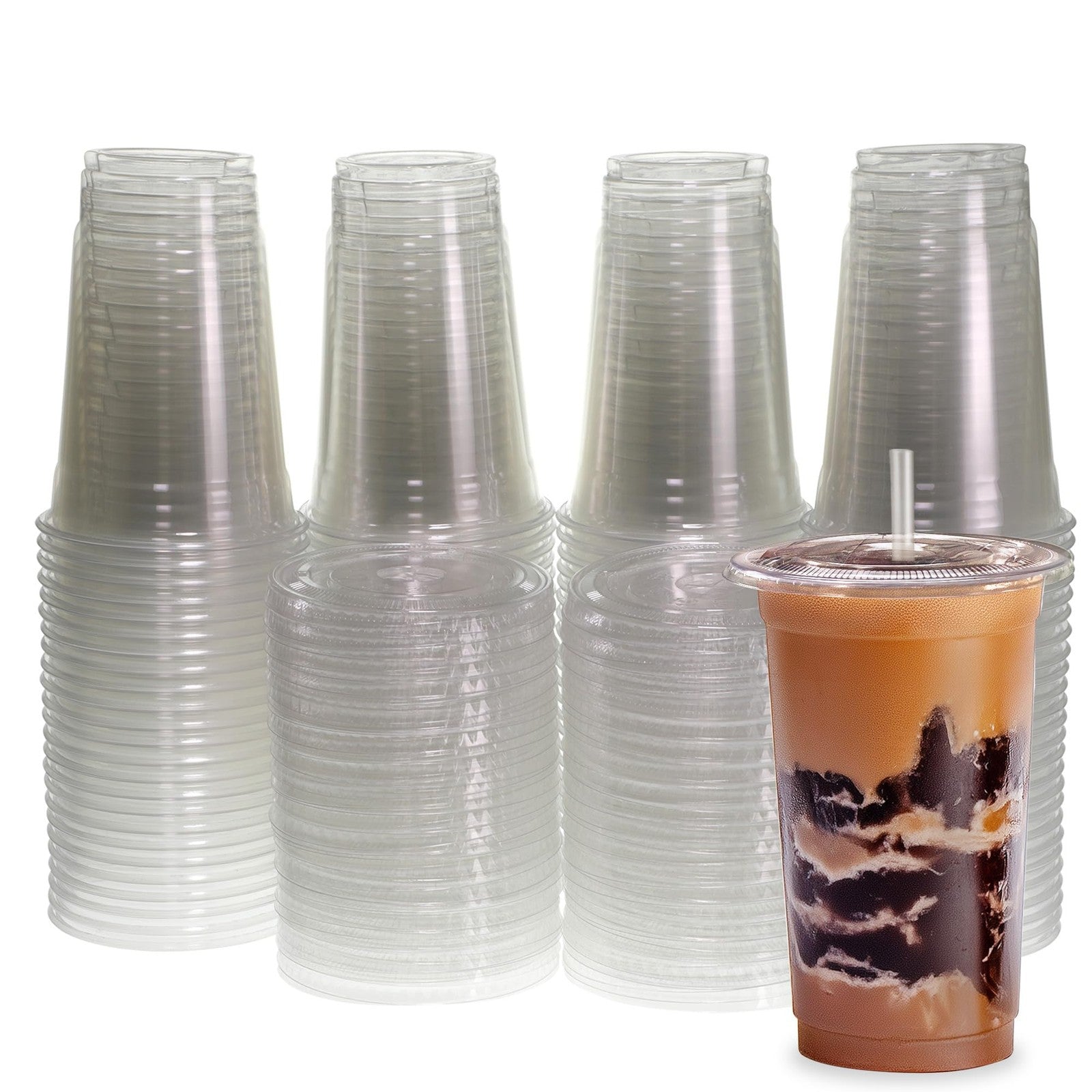 100-Pack 20 oz Clear Plastic Cups w/ Flat Lids & Straws - Iced Coffee Tumblers