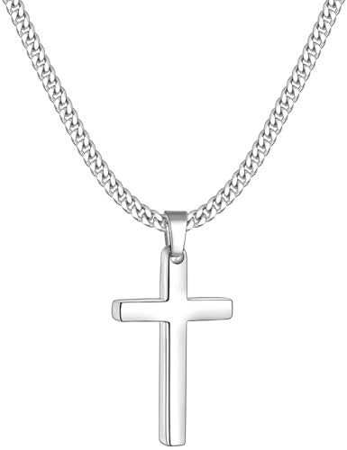 Silver Cross Necklace for Men, 20In Chain, Stainless Steel, Hypoallergenic