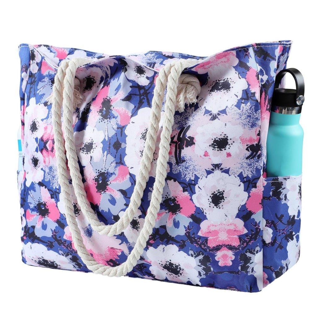 Large Blue & White Beach Tote Bag w/ Zipper Closure & Pockets