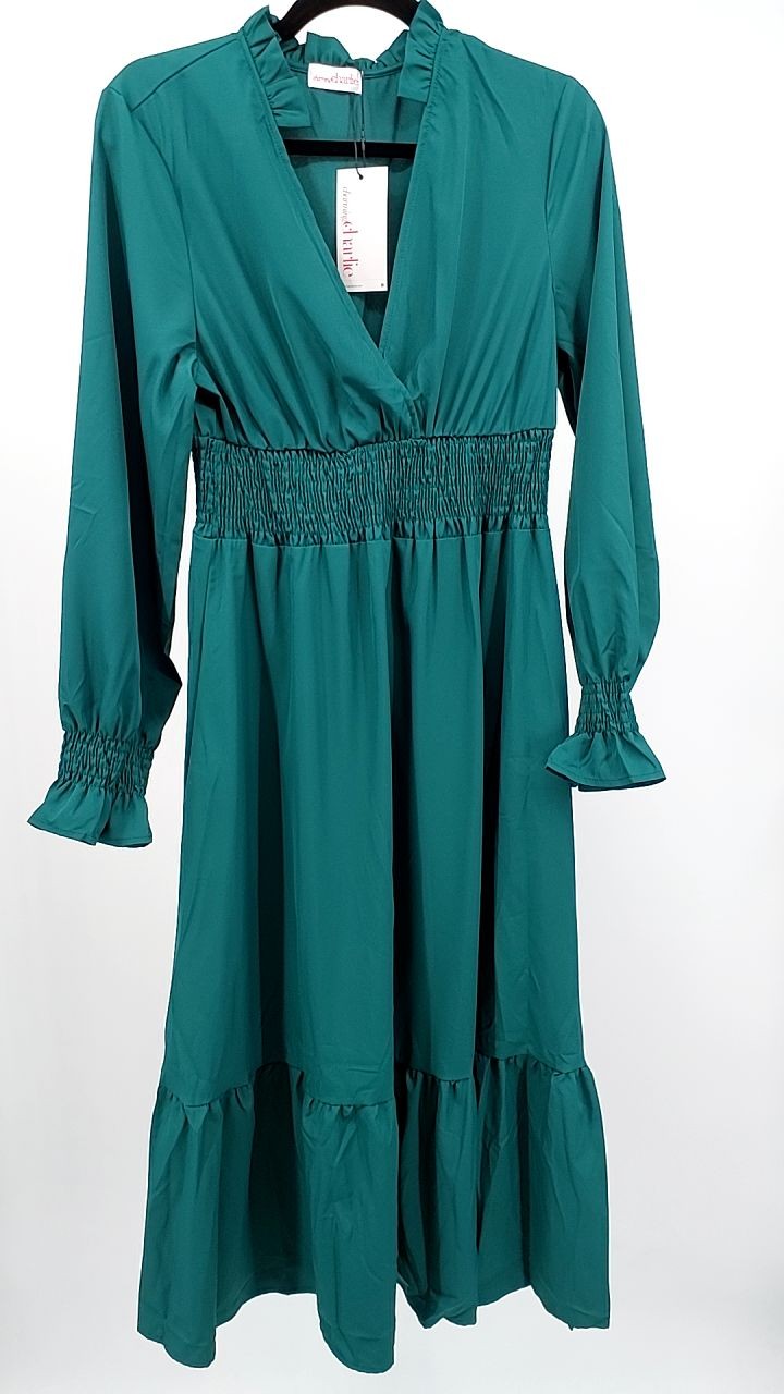 Notched Long Sleeve Tiered Dress
