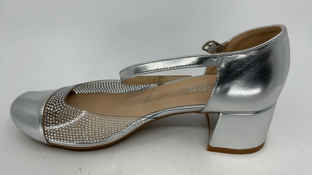 Chunky Heel Pumps for Women, Rhinestone Ankle Strap, Silver, Size 8.5