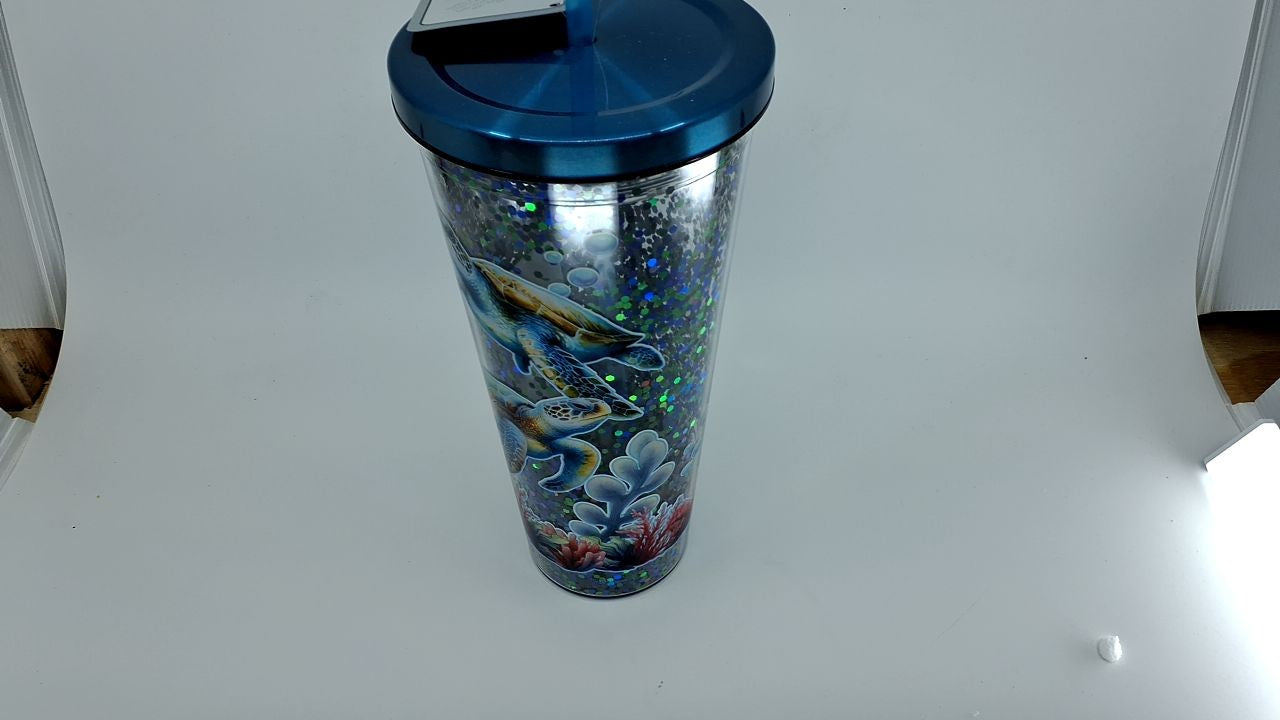 32oz Double Wall Glitter Cup - Sea Turtle Acrylic Tumbler w/ Straw
