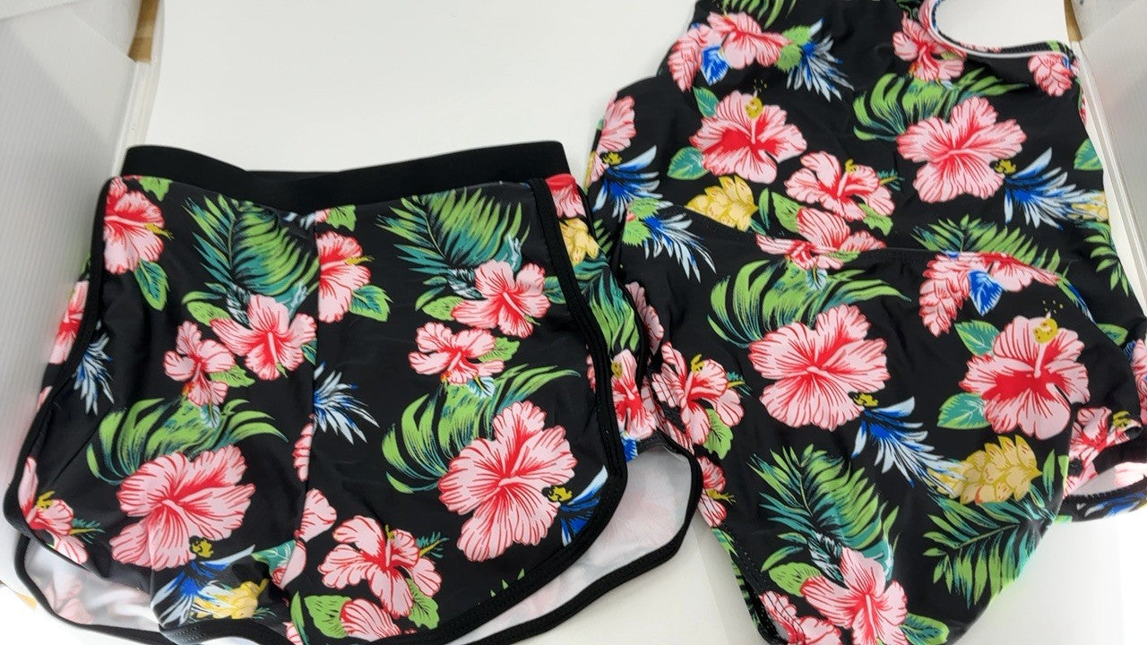 Hawaiian Floral Girls Tankini Swimsuit Size 10-11 w/ Shorts