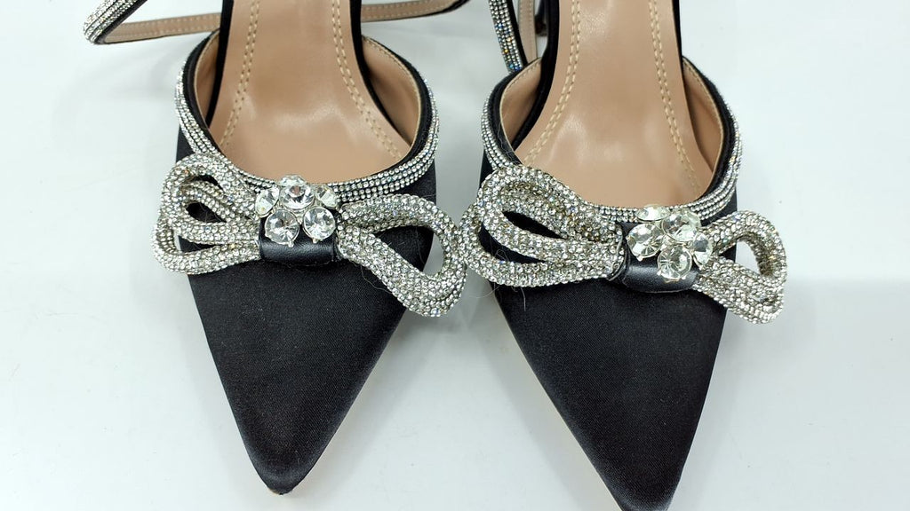 Women's Rhinestone Bow Heels Ankle Strap Sandals Black Size 8