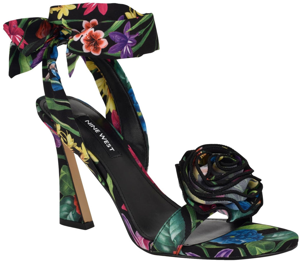 Nine West Women's Krave Heeled Sandal, Black Lush Floral Multi 002, 9