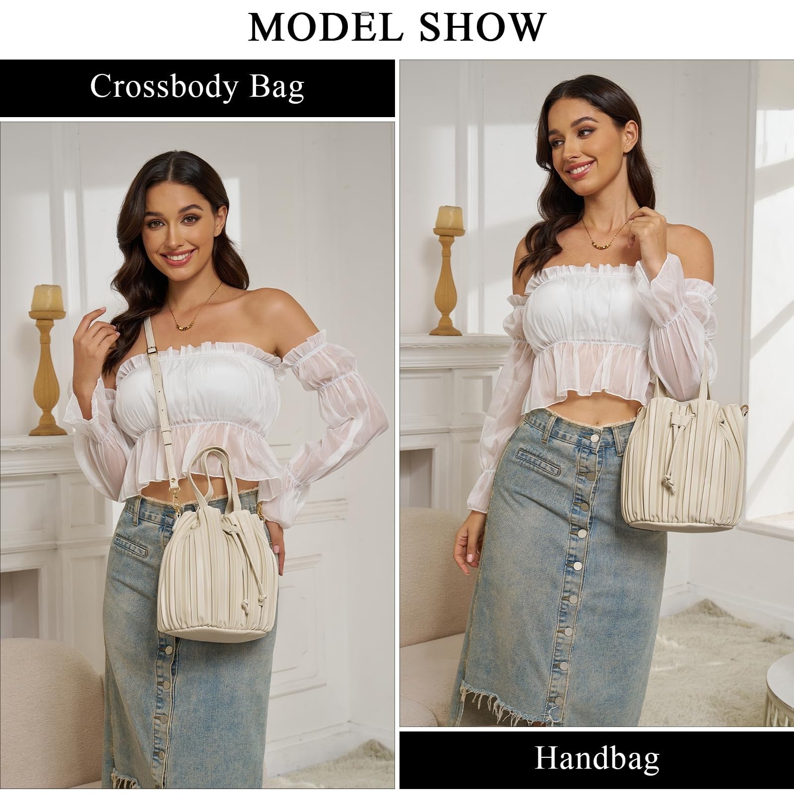 Beige Faux Leather Bucket Bag for Women - Small Crossbody