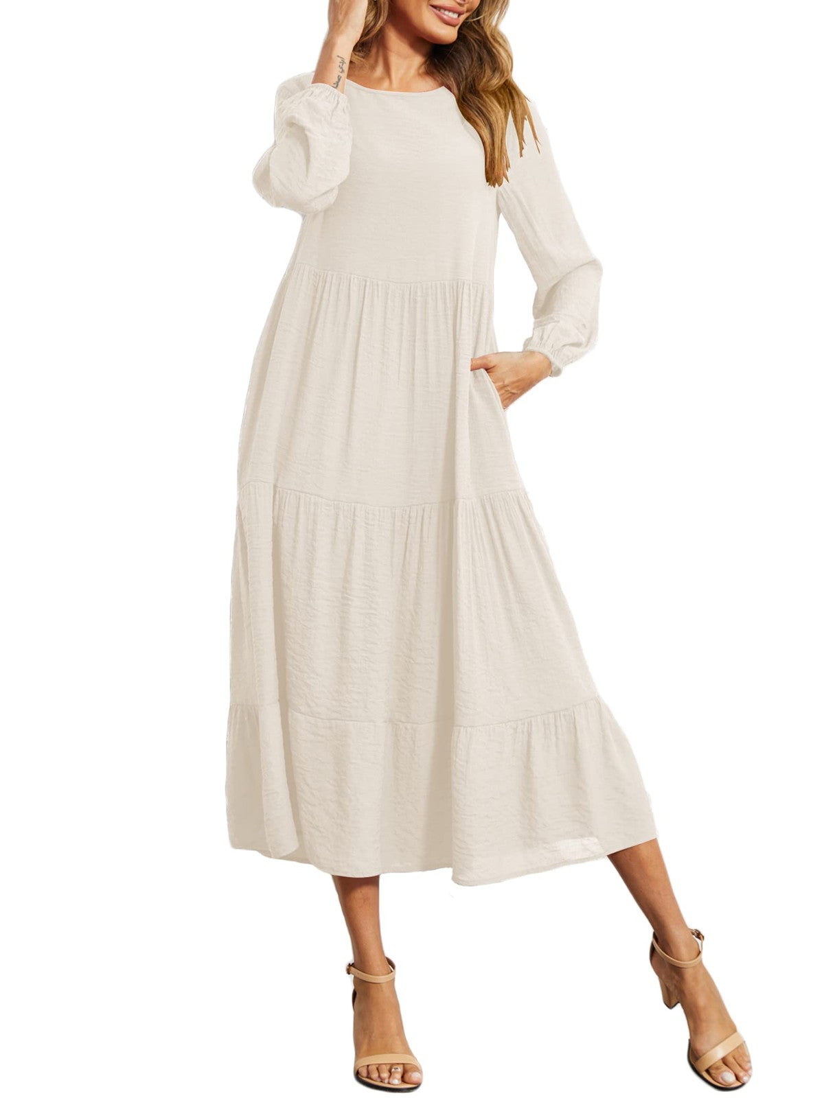 Halife Women's XL Beige Long Sleeve Maxi Dress - Winter Style