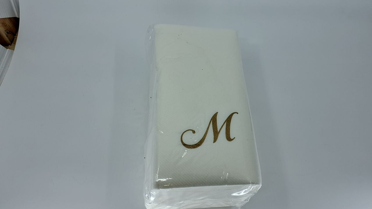 Luxenap 15.8x7.9 In Gold Letter M White Paper Napkins, 50 Count