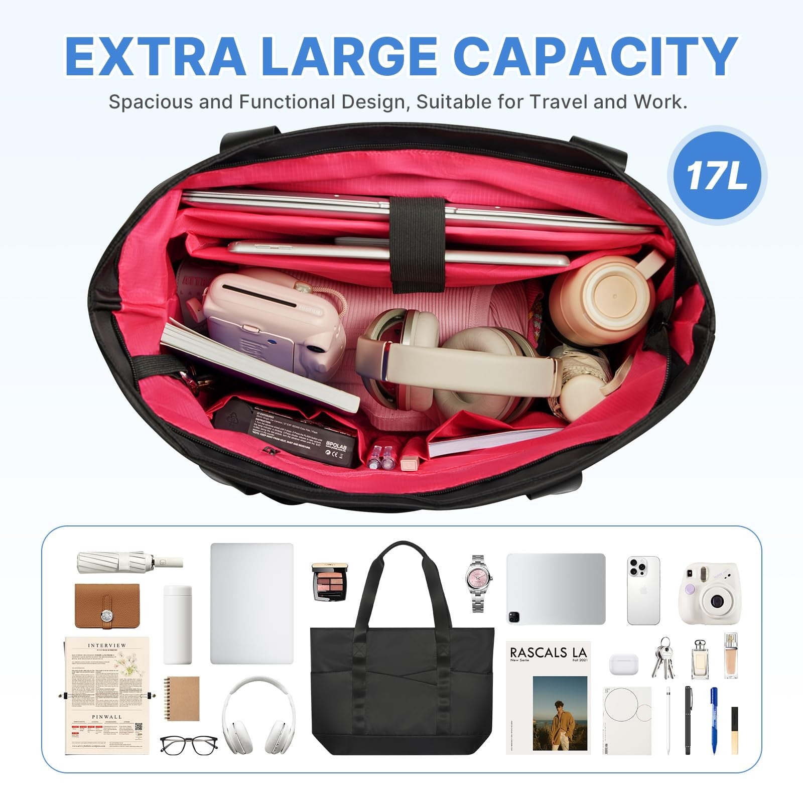 Black Large Tote Bag for Women w/ Laptop Compartment & Trolley Sleeve