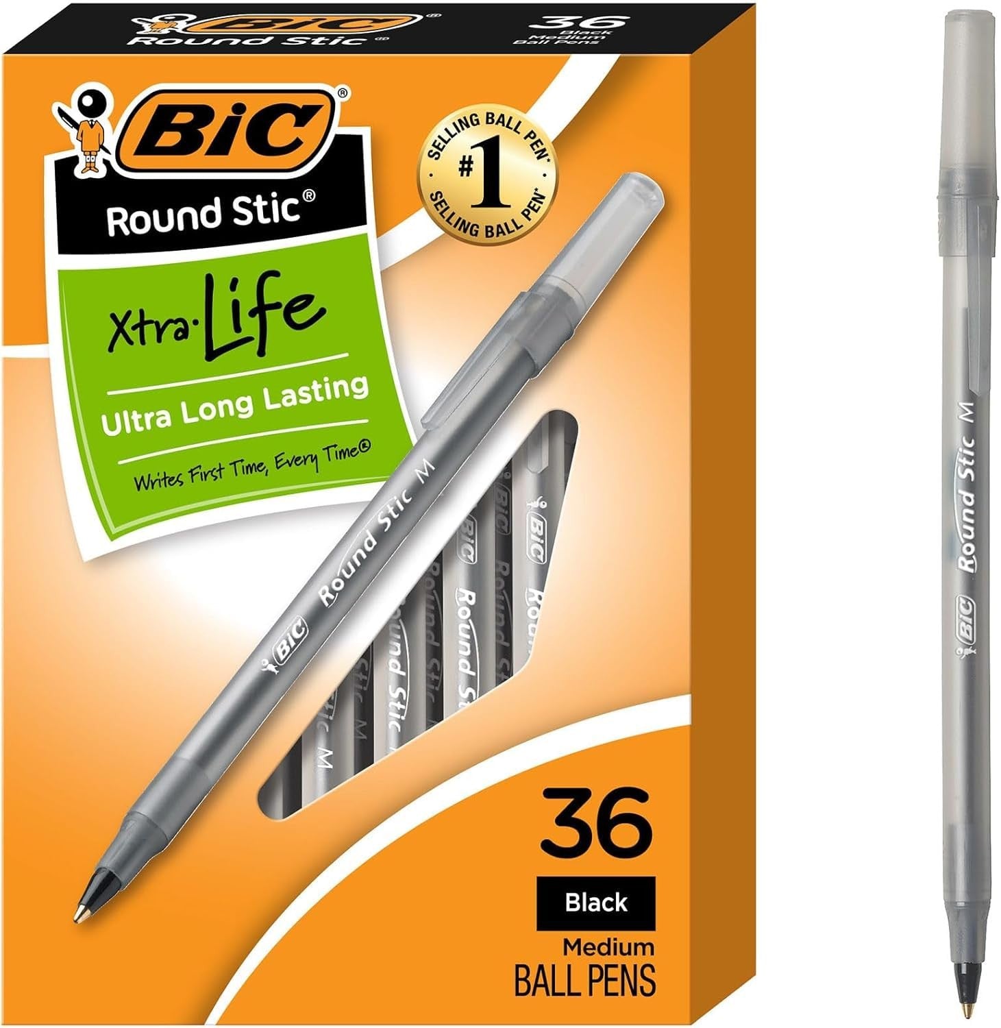 36-Count BIC Round Stic Xtra Life Black Pens, Medium Point 1.0mm