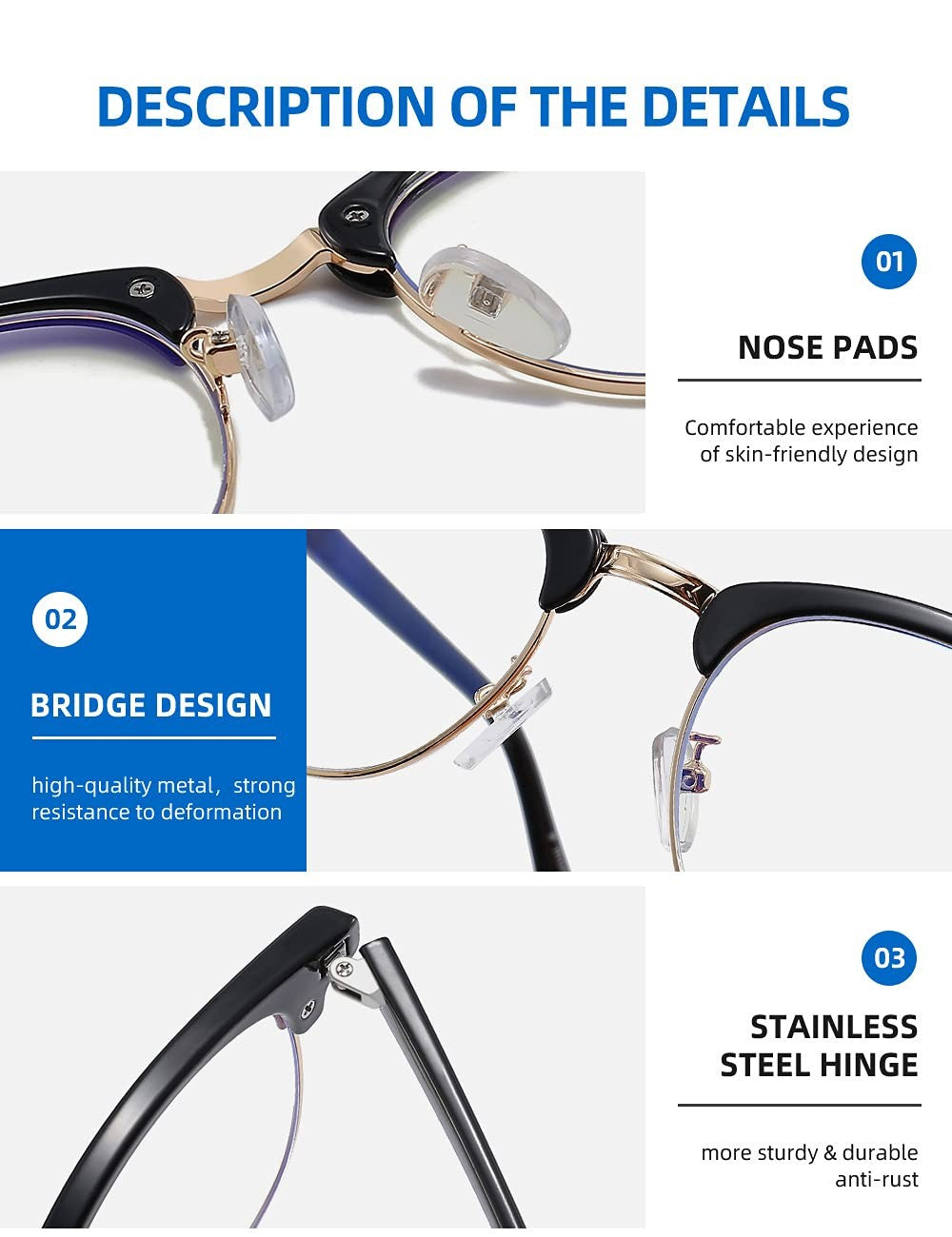 3 Pack Retro Blue Light Blocking Glasses, UV400, Bright Black/Amber/Crystal