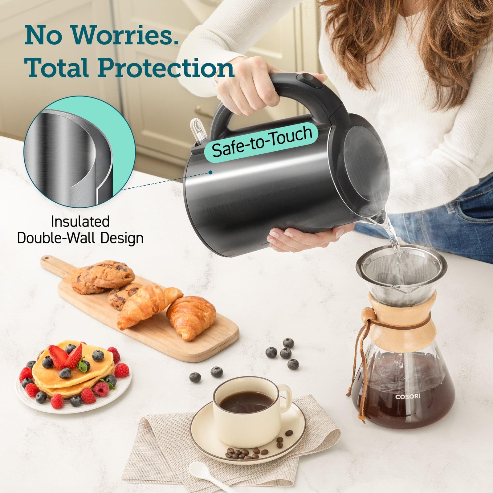 COSORI 1.5L Double Wall Kettle, Stainless Steel, Auto Shut-Off, Black