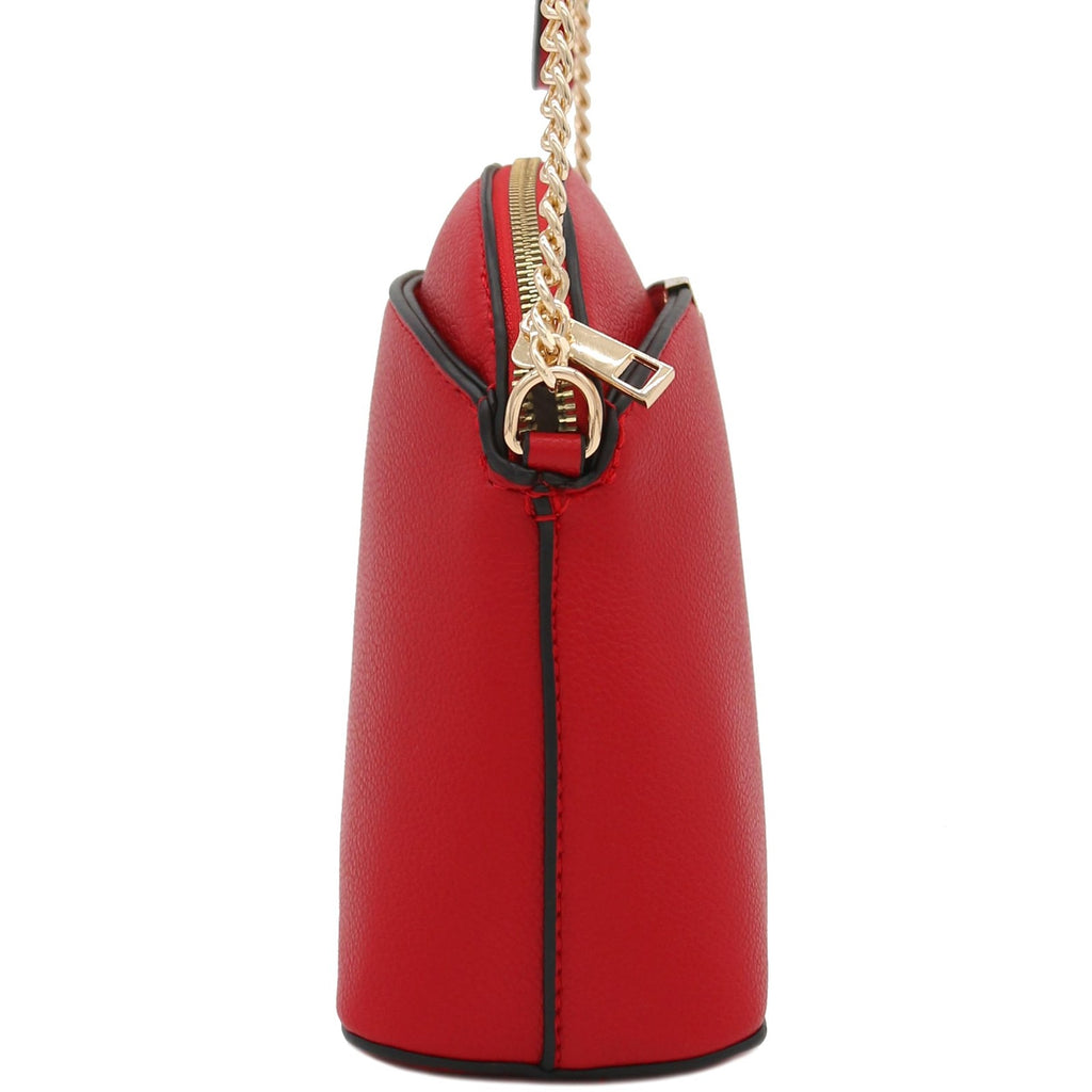 Faux Leather Solid Small Dome Crossbody bag with Chain Strap (Red)