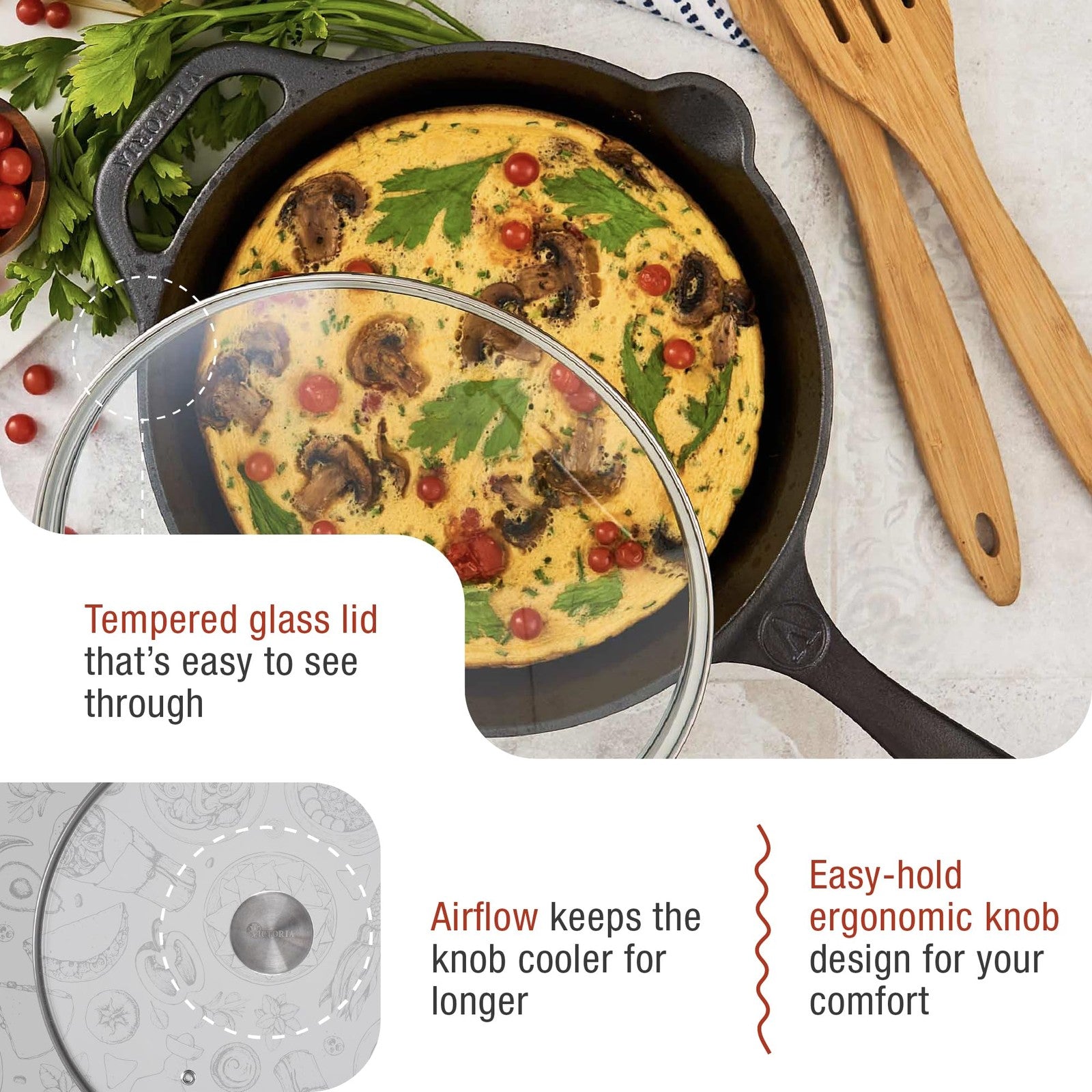 10-Inch Victoria Cast Iron Skillet Glass Lid, 9.5-Inch Internal