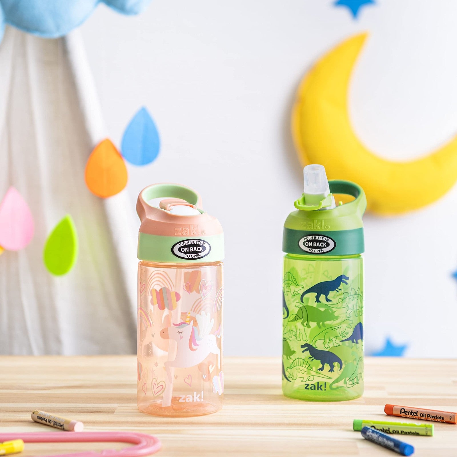 Reusable 16oz Kids Water Bottles, Unicorn & Dino Camo, Built-in Loop, 2 Pack