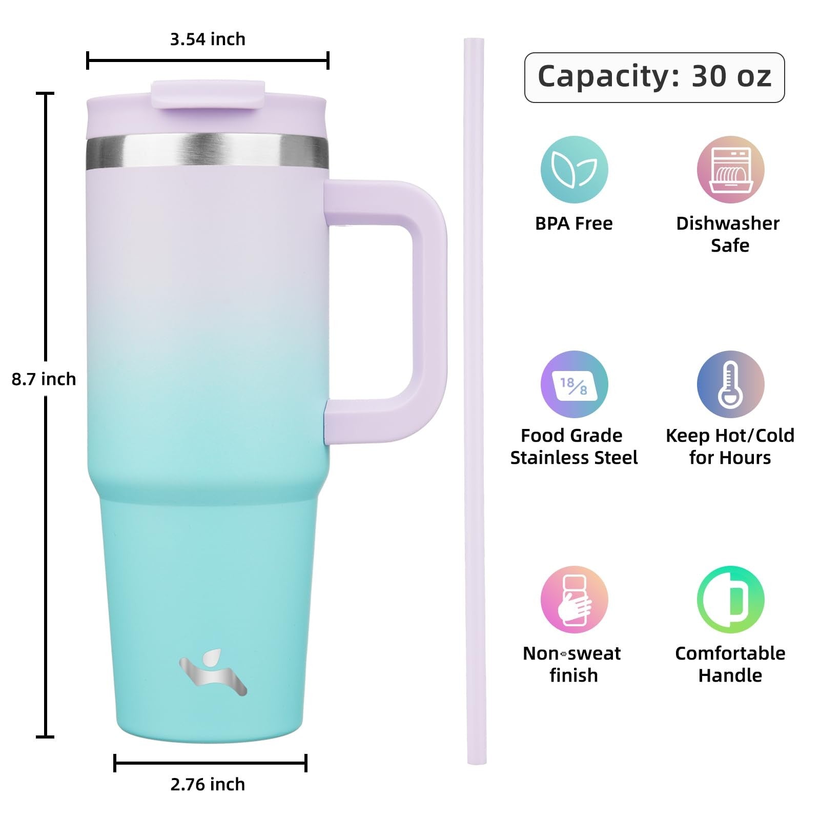 Stainless Steel 30oz Tumbler, Insulated, Lavender Green, 2 Straws