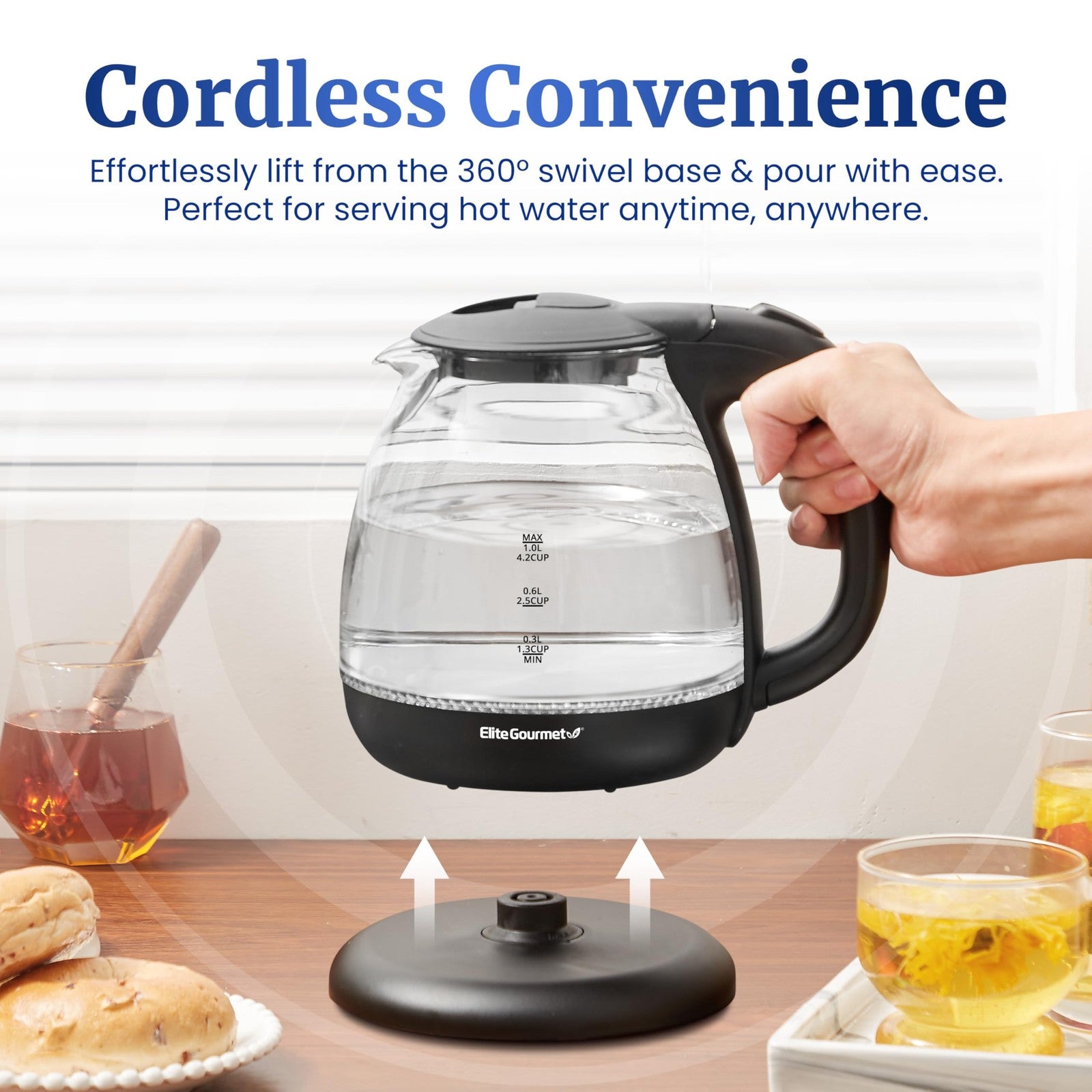 Elite Gourmet EKT1001 1L Glass Kettle Cordless 1100W w/ Auto Shut-Off