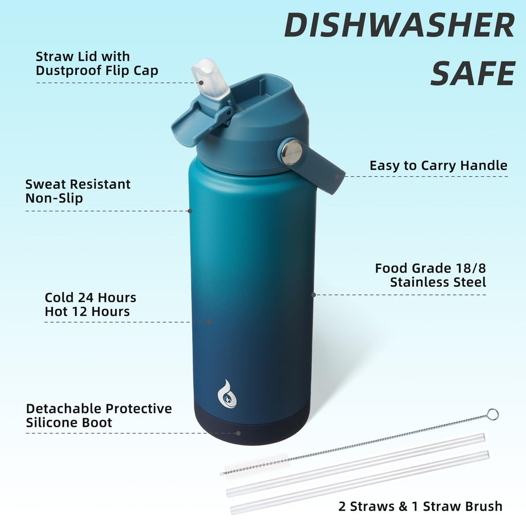 BJPKPK 24oz Vacuum Insulated Water Bottle w/ Straw - BPA Free, Leak Proof