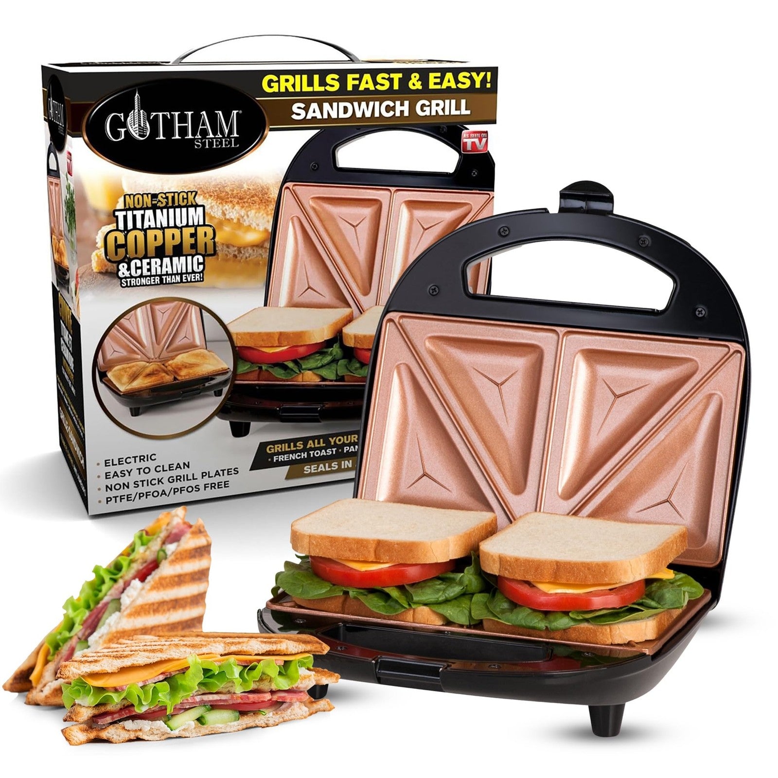 Gotham Steel Nonstick Panini Press Sandwich Maker, Black, 2 Sandwiches