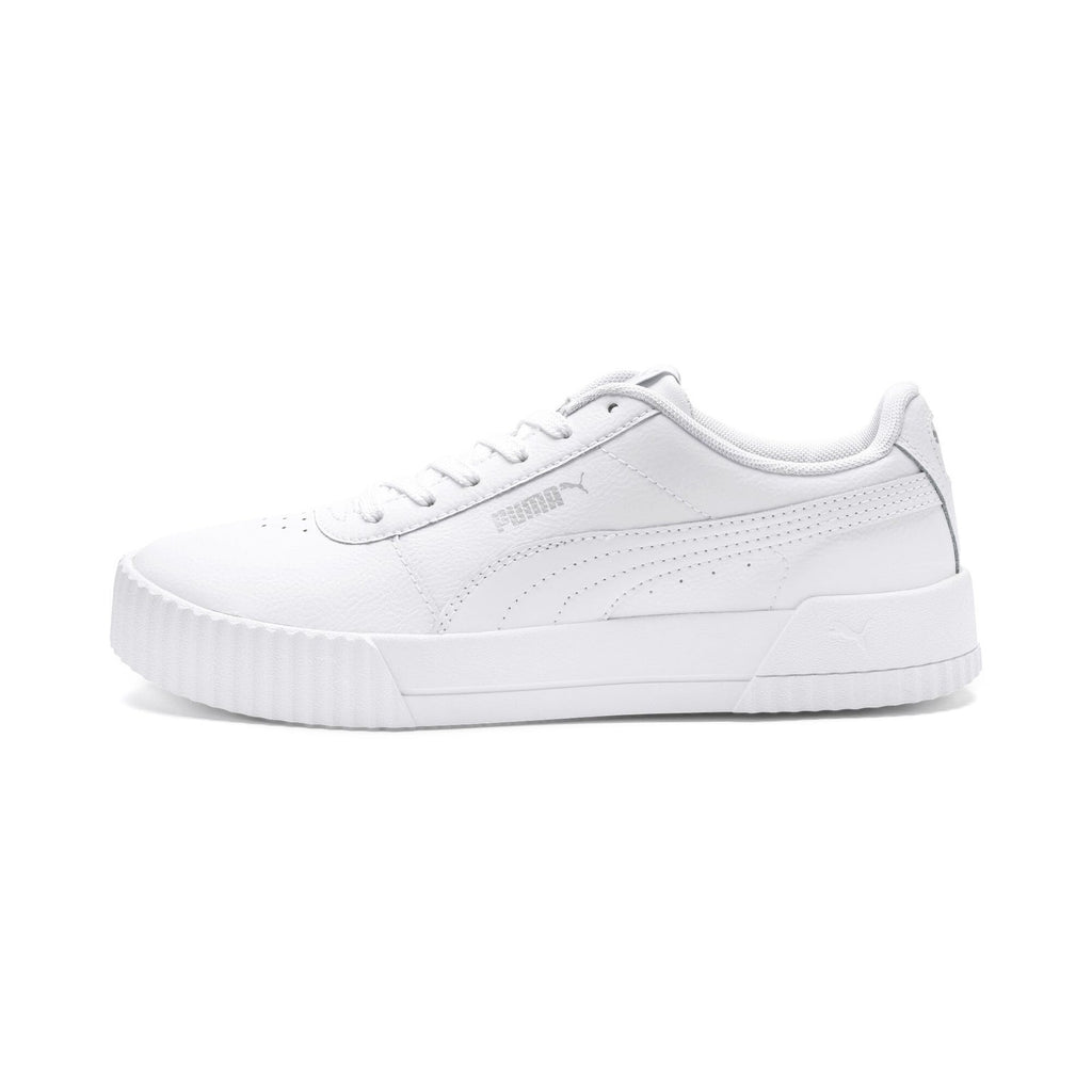 PUMA Womens Carina Leather Sneaker, White Silver, 8.5