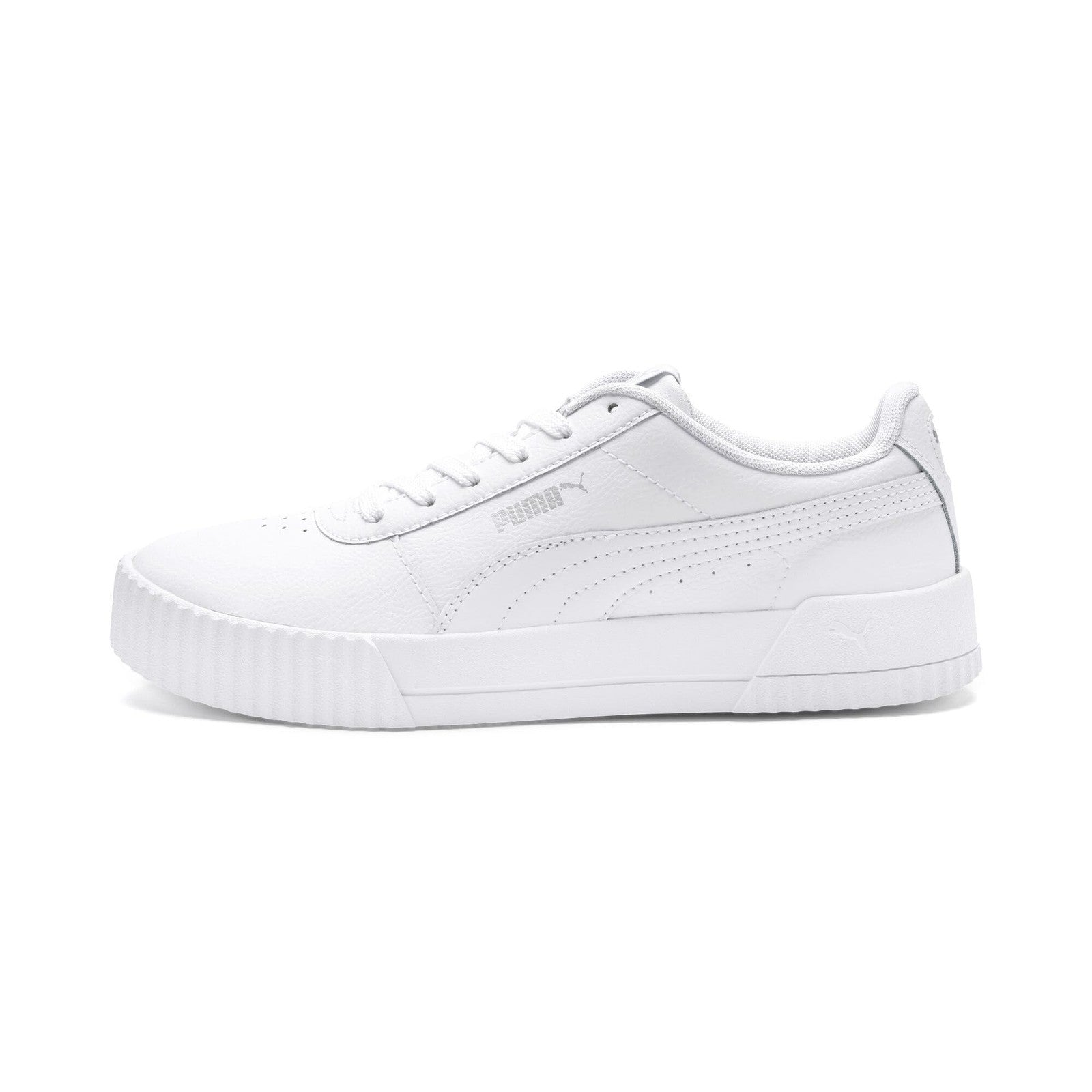 PUMA Womens Carina Leather Sneaker, White Silver, 8.5