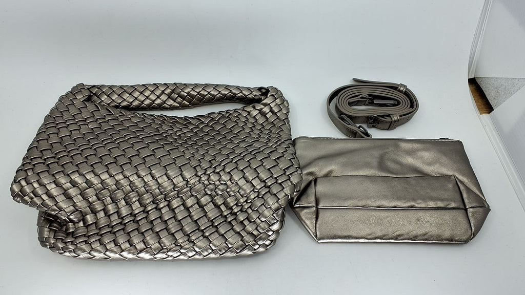 Vegan Leather Woven Hobo Bag, Stylish Silver Tote Handbag for Women