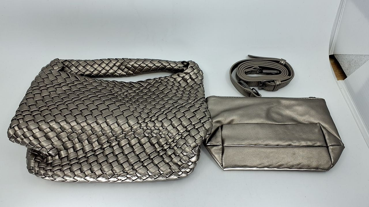 Vegan Leather Woven Hobo Bag, Stylish Silver Tote Handbag for Women