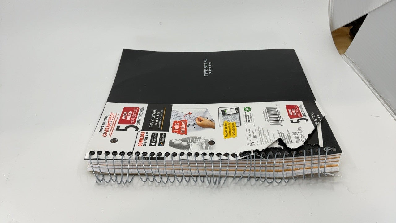 Five Star Black Spiral Notebook, 5 Subject, 200 Wide Ruled Sheets, 8" x 10.5"
