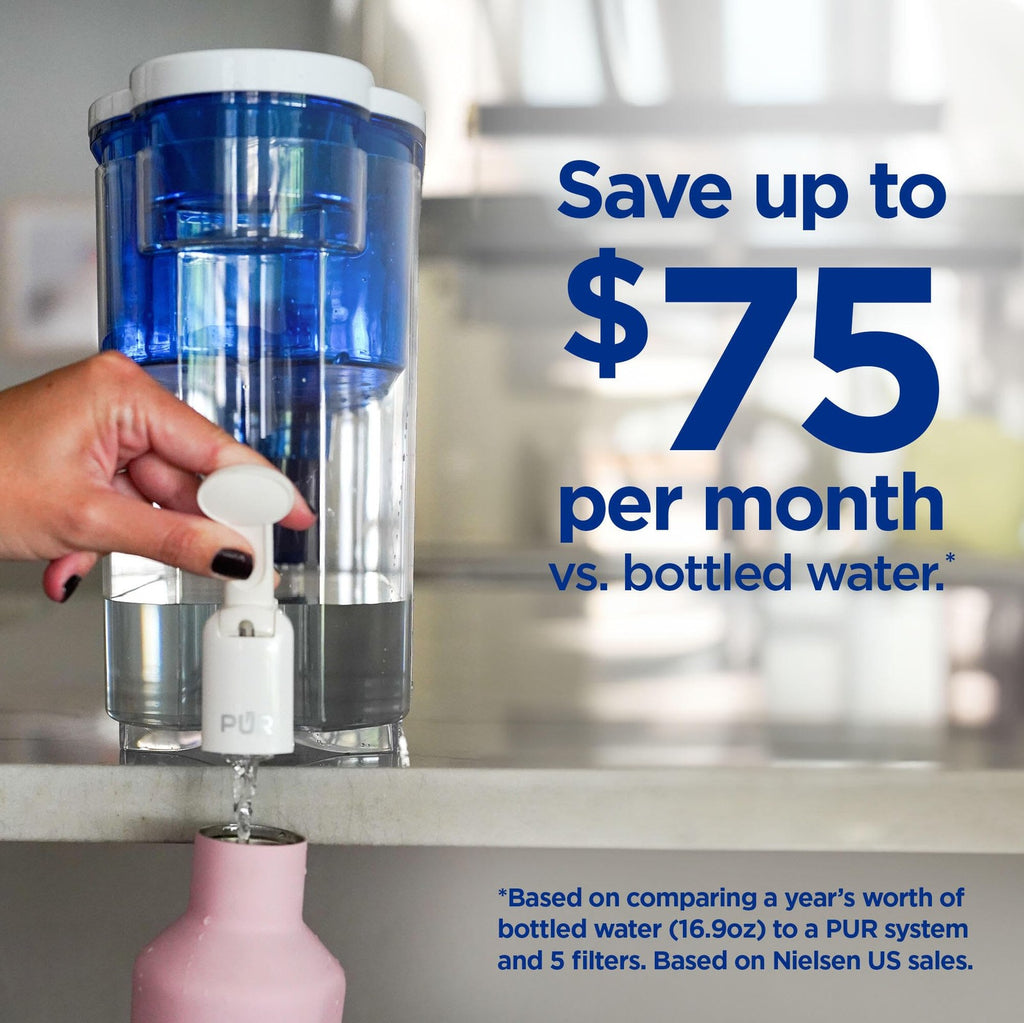PUR 30-Cup Water Filter Dispenser White/Blue, 1 Filter, Dishwasher Safe