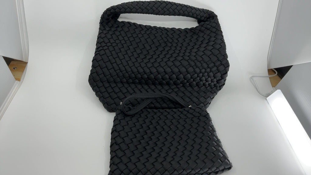 Ladies Black Neoprene Woven Tote Bag & Wallet - Adjustable Shoulder Bag