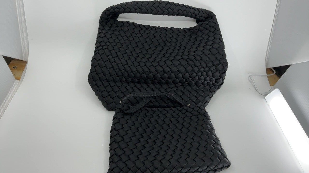 Ladies Black Neoprene Woven Tote Bag & Wallet - Adjustable Shoulder Bag