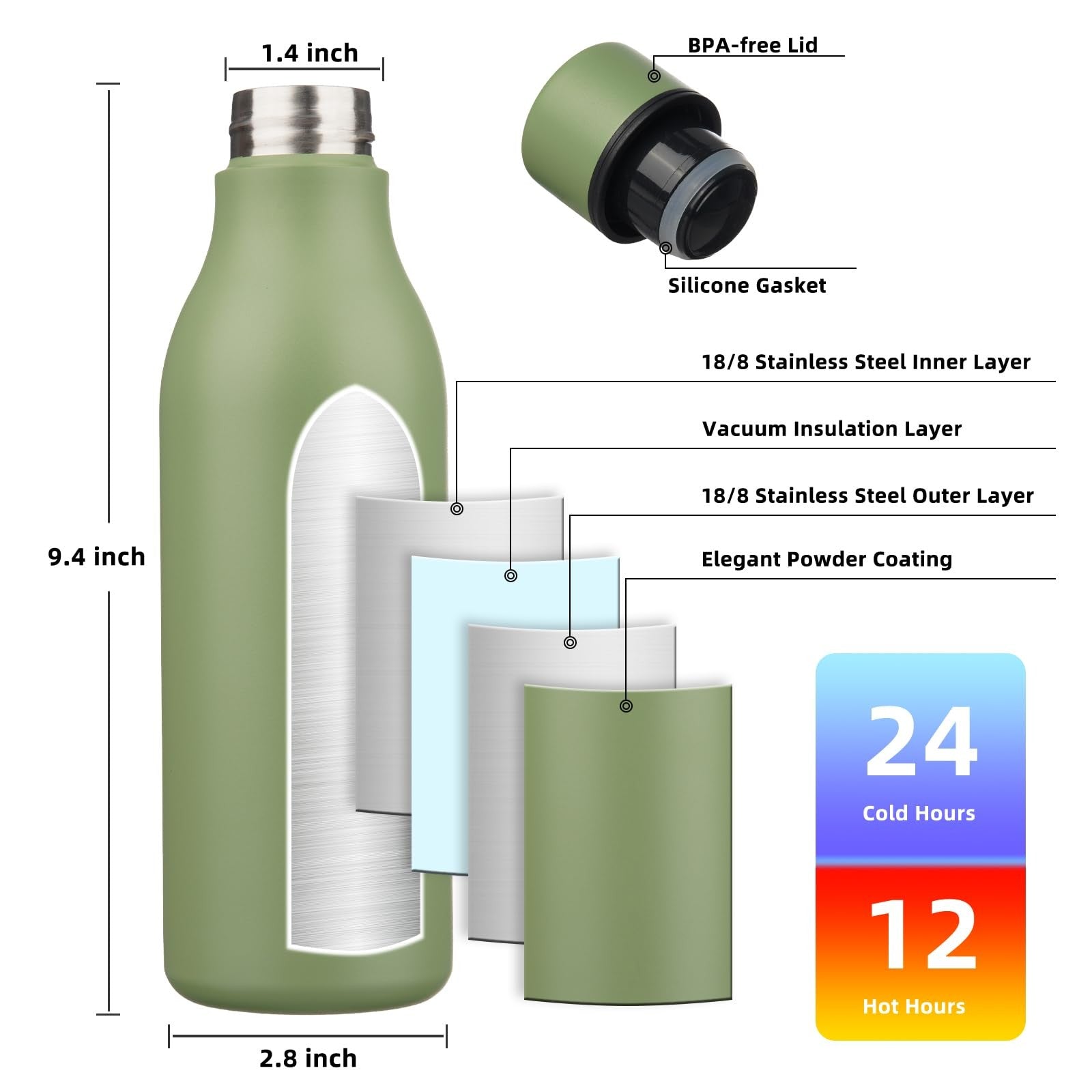 Reusable 18 oz Insulated Water Bottle, Stainless Steel, Green, w/ Strap