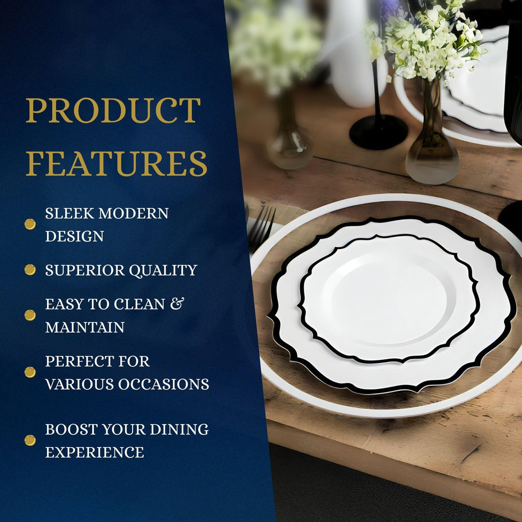 Elegant 32 White Plates w/ Black Rim - 7.5" & 10.5" - Durable Ceramic