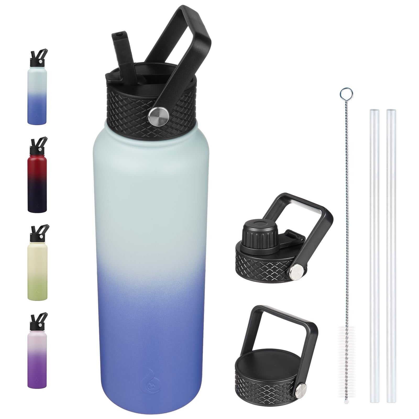 40oz Sky Insulated Water Bottle, 3 Lids, Stainless Steel, BPA Free