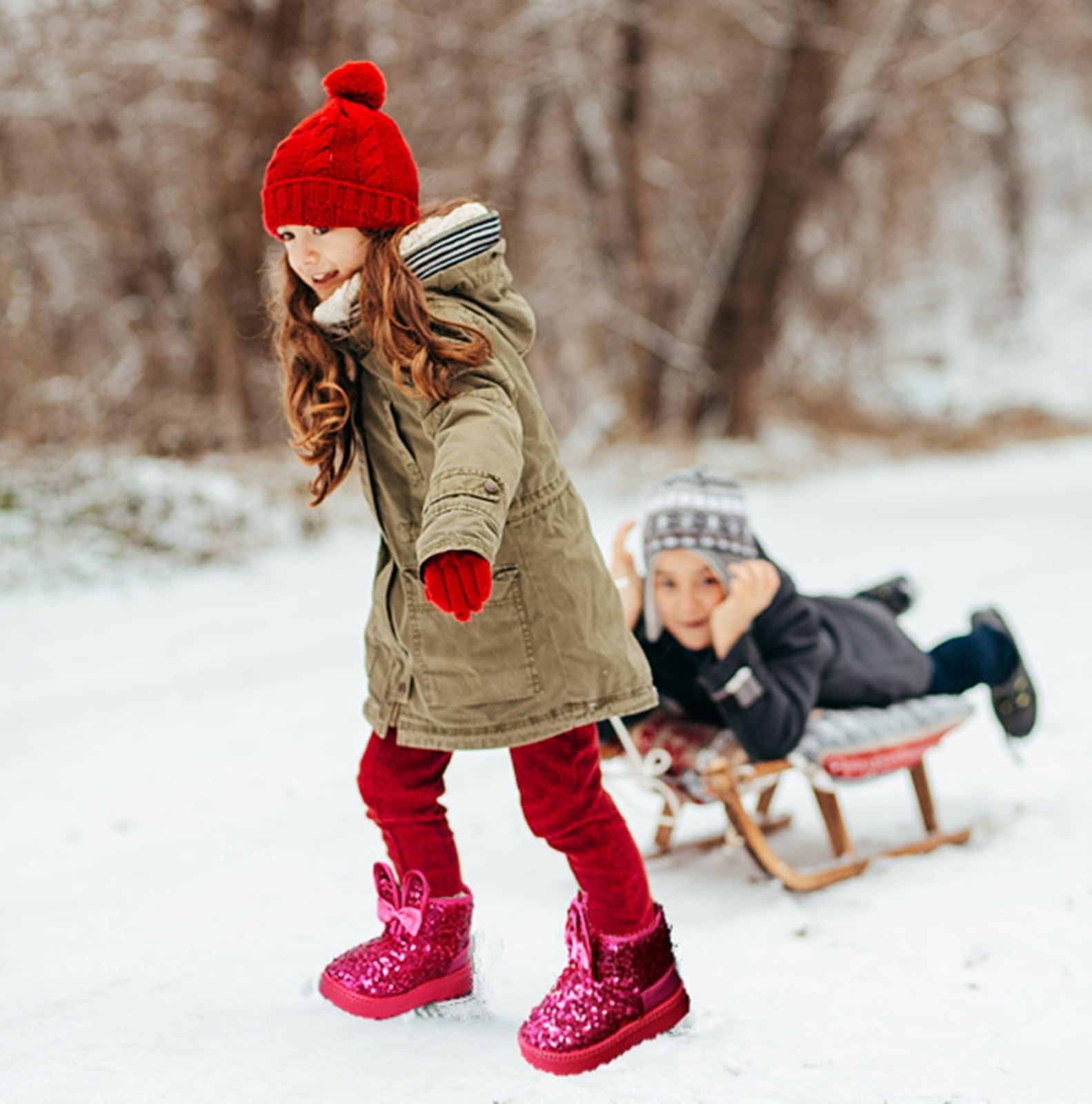 DADAWEN Boy's Girl's Warm Winter Sequin Waterpoof Snow Boots, 1.5M Little Kid