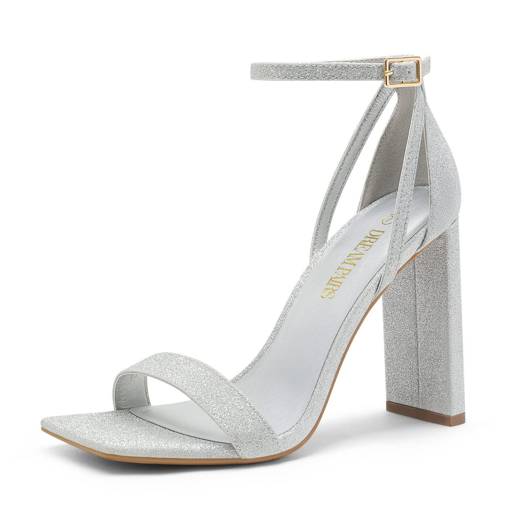 Chunky Block Square Toe Heels Sandals, Size 5.5, Silver