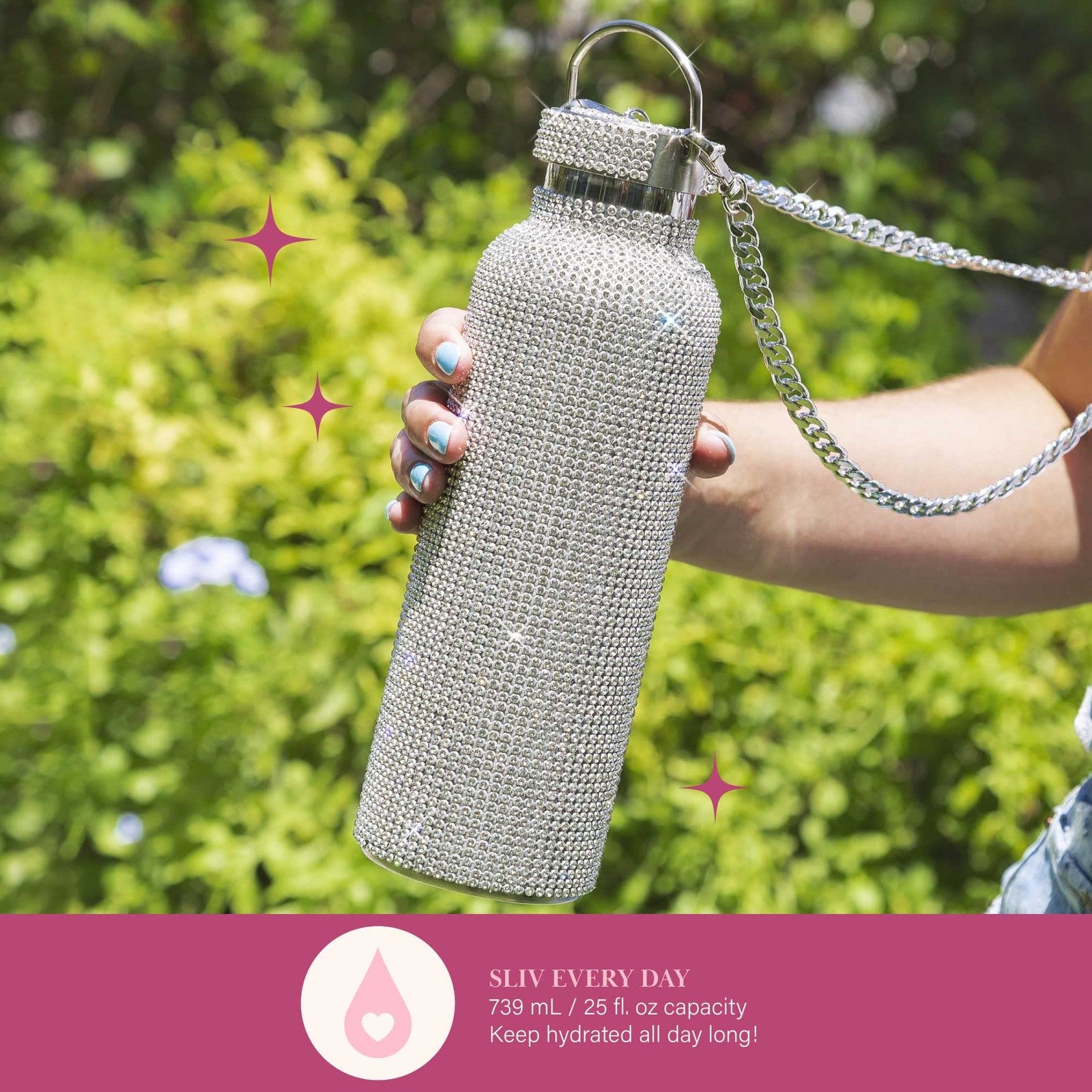 25-Oz Stainless Steel Water Bottle w/ 5000 Rhinestones, Silver