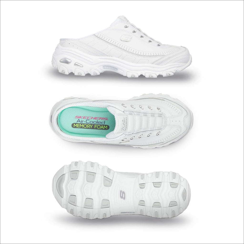 Skechers womens Bright Sky clogs and mules shoes, White/Silver, 9 US